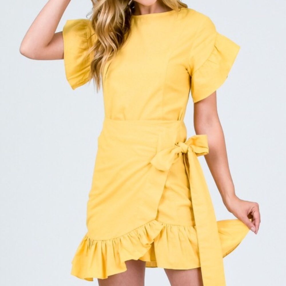 Yellow ruffle wrap dress